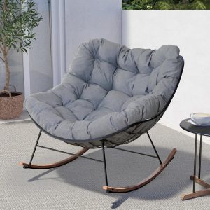 Grand patio Rocking Chair Outdoor, E-Coated Papasan Rocking Chair with Cushion, Outdoor Oversized Recliner Rocker for Patio Porch Garden Backyard, Grey